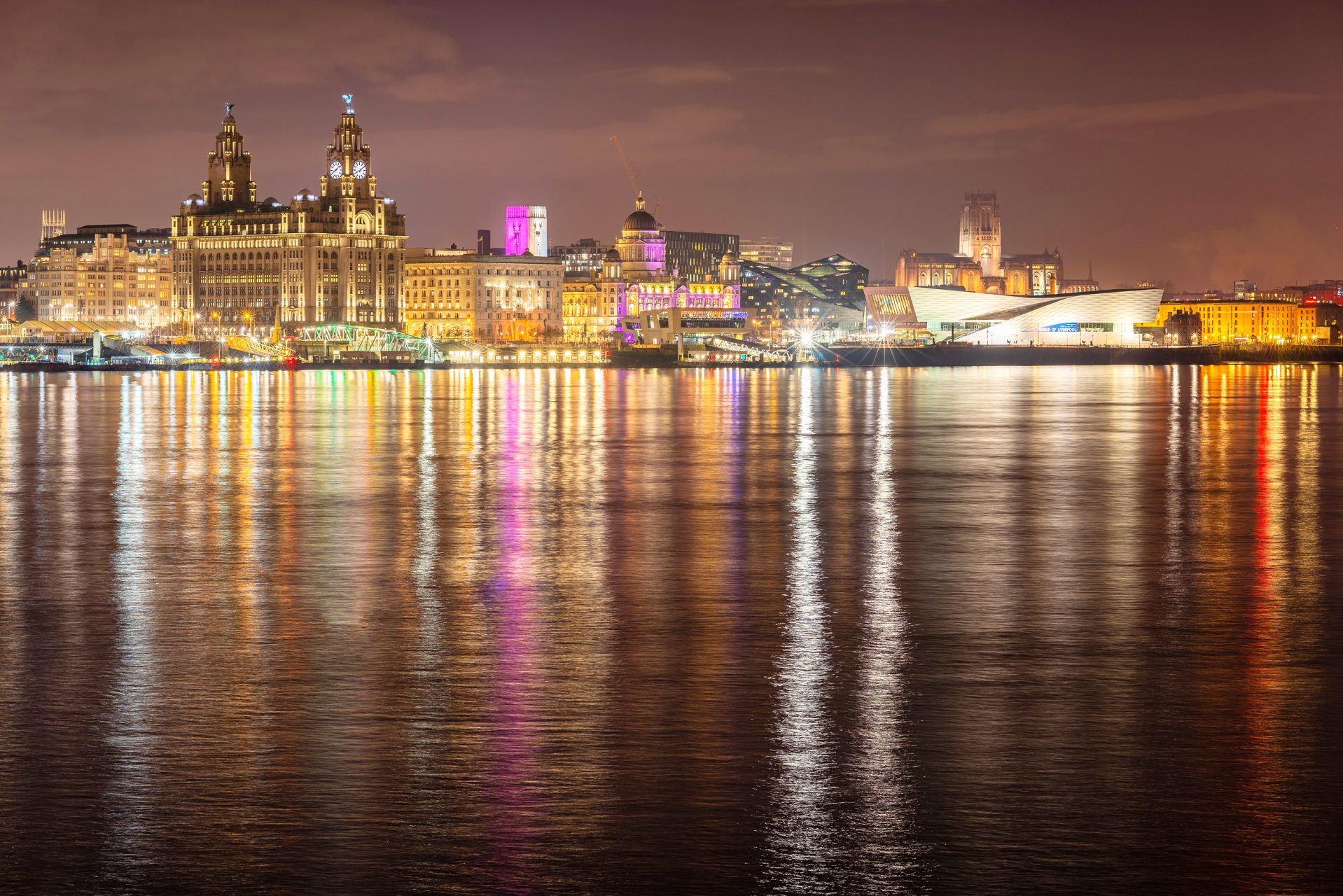 Liverpool Waterfront and River Mersey at night